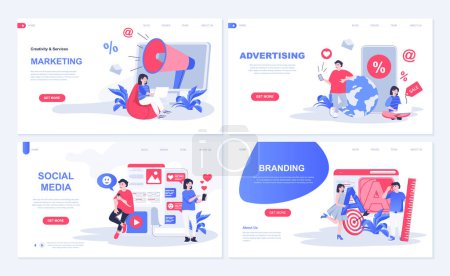 Illustration for Social media and marketing web concept for landing page in flat design. Online advertising, branding and promotion, influencing to followers. Vector illustration with people characters for homepage - Royalty Free Image
