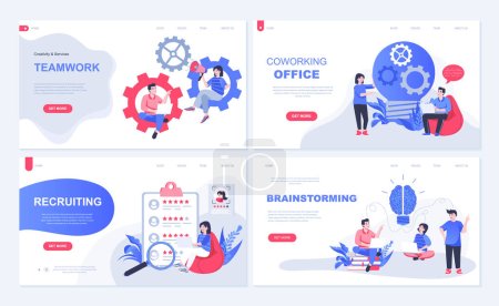Illustration for Coworking office and teamwork web concept for landing page in flat design. Staff team working and brainstorming, company employment, recruiting. Vector illustration with people characters for homepage - Royalty Free Image