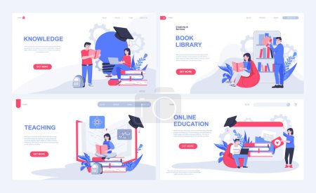 Illustration for Online education web concept for landing page in flat design. Students reading books at virtual library, gaining knowledge, listening lectures. Vector illustration with people characters for homepage - Royalty Free Image