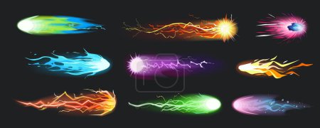 Blasters laser effect mega set in cartoon graphic design. Bundle elements of game handgun shoots with glowing lights, fireballs with spark trail, energy explosion. Vector illustration isolated objects