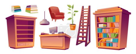 Illustration for Library furniture mega set in cartoon graphic design. Bundle elements of bookshelf, stack of books, armchair, desk with computer, ladder, lamp, plant, bookcases. Vector illustration isolated objects - Royalty Free Image