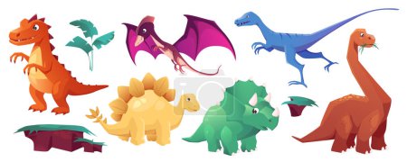 Illustration for Cute dinosaurs mega set in cartoon graphic design. Bundle elements of different types prehistoric dinos, plants, ground shapes. Funny ancient predator characters. Vector illustration isolated objects - Royalty Free Image