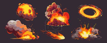 Ilustración de Juego de fuego efectos mega ambientado en el diseño gráfico de dibujos animados. Elementos del paquete de diferentes formas explosión, llama con nubes de humo, explosión de bomba con salpicadura, flash círculo. Ilustración vectorial objetos aislados - Imagen libre de derechos