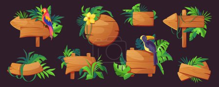 Illustration for Jungle game sign boards mega set in cartoon graphic design. Bundle elements of different shapes of empty wooden signposts and pointers with leaves and parrots. Vector illustration isolated objects - Royalty Free Image