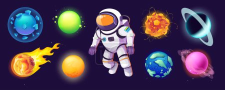 Illustration for Astronaut and planets mega set in cartoon graphic design. Bundle elements of fantasy alien planets, comets, asteroids, meteorites and flying explorer spaceman. Vector illustration isolated objects - Royalty Free Image