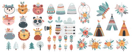 Illustration for Cute American Indian mega set in cartoon graphic design. Bundle elements of animals heads in feather headdresses, mountains, plants, dream catcher, tribal wigwams. Vector illustration isolated objects - Royalty Free Image