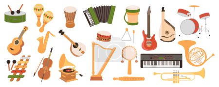 Illustration for Musical instruments mega set in cartoon graphic design. Bundle elements of drum, maracas, banjo, accordion, guitar, bandura, saxophone, piano, violin and other. Vector illustration isolated objects - Royalty Free Image