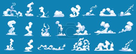 Téléchargez les illustrations : Vapeur nuages méga ensemble dans la conception graphique de dessin animé. Combinez des éléments de mouvements de fumée blanche avec des sentiers duveteux, une forme de vapeur trouble et des effets comiques de vitesse du vent. Illustration vectorielle objets isolés - en licence libre de droit