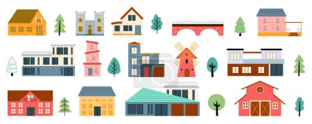 Illustration for Village buildings mega set in cartoon graphic design. Bundle elements of cute suburban houses, barn, mill, bridge, trees and other architecture constructions. Vector illustration isolated objects - Royalty Free Image