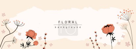 Illustration for Floral horizontal web banner. Abstract wildflowers, red peony and blooming flowers, twigs and herbs on decorative background. Vector illustration for header website, cover templates in modern design - Royalty Free Image