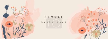 Illustration for Floral horizontal web banner. Red poppy and wildflowers bouquets with leaves on abstract background. Summer flowers backdrop. Vector illustration for header website, cover templates in modern design - Royalty Free Image