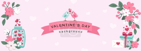 Illustration for Valentine Day horizontal web banner. Cute birds couples kissing on ribbon, abstract flower bouquets, romantic gifts and hearts. Vector illustration for header website, cover templates in modern design - Royalty Free Image