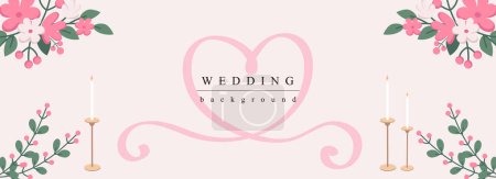 Illustration for Wedding horizontal web banner. Abstract flower bouquets, candles with heart shape pink ribbon. Romance marriage invitation. Vector illustration for header website, cover templates in modern design - Royalty Free Image