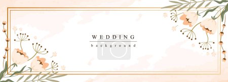 Illustration for Wedding horizontal web banner. Pastel marriage invitation with abstract blooming flowers and wildflowers in golden border. Vector illustration for header website, cover templates in modern design - Royalty Free Image