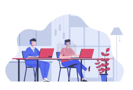Illustration for Call center concept with cartoon people in flat design for web. Operator team works at laptops, supporting and answering clients. Vector illustration for social media banner, marketing material. - Royalty Free Image