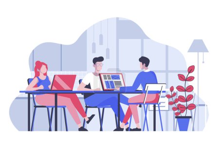 Illustration for Coworking office concept with cartoon people in flat design for web. Coworkers team and freelancers working at laptop in open space. Vector illustration for social media banner, marketing material. - Royalty Free Image