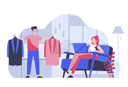 Illustration for Online shopping concept with cartoon people in flat design for web. Customers choosing clothes, ordering with delivery and fitting. Vector illustration for social media banner, marketing material. - Royalty Free Image