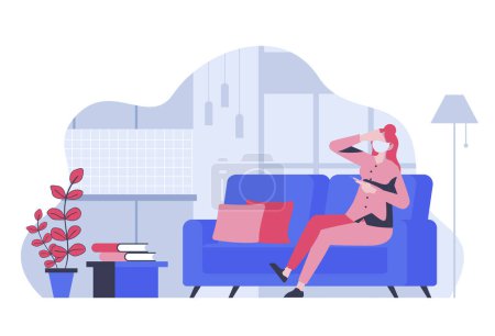Illustration for Stay at home concept with cartoon people in flat design for web. Woman in medical mask with ill symptoms staying room for quarantine. Vector illustration for social media banner, marketing material. - Royalty Free Image