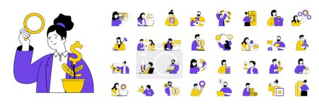 Illustration for Business concept with character situations mega set in flat web design. Bundle of scenes people planning strategy, make investments, brainstorming, earning money in company. Vector illustrations. - Royalty Free Image