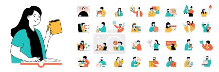 Illustration for Education concept with character situations mega set in flat web design. Bundle of scenes people reading books, learning at lessons and webinars, doing homework, preparing exam. Vector illustrations. - Royalty Free Image