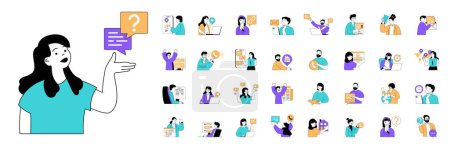 Illustration for Contact us concept with character situations mega set in flat web design. Bundle of scenes people calling to company support center, send business emails, chatting with operator. Vector illustrations. - Royalty Free Image