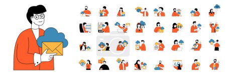 Illustration for Cloud computing concept with character situations mega set in flat web design. Bundle of scenes people using online database and hosting service, upload data to cloud storage. Vector illustrations. - Royalty Free Image