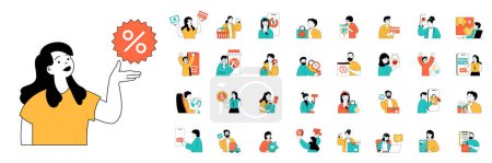 Illustration for Mobile commerce concept with character situations mega set in flat web design. Bundle of scenes people making purchases with discounts, shopping online, ordering and paying. Vector illustrations. - Royalty Free Image