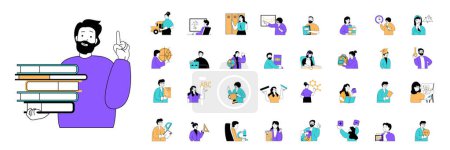 Illustration for School learning concept with character situations mega set in flat web design. Bundle of scenes people studying lessons and doing homework, students get courses and tutorials. Vector illustrations. - Royalty Free Image