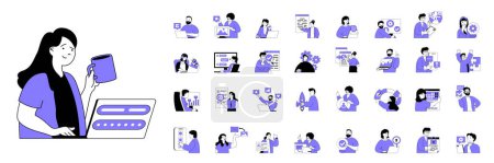 Illustration for Marketing and development concept with character situations mega set in flat web design. Bundle of scenes people making advertising and online promotion with creative content. Vector illustrations. - Royalty Free Image