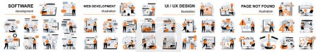Illustration for Mega set flat design concept web development, ui and ux design, programming software with people character situations. Bundle of different scenes. Collection vector illustrations. - Royalty Free Image