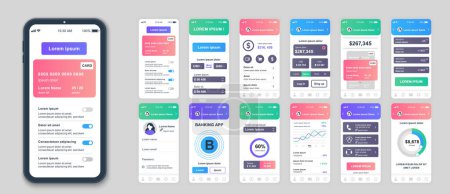 Illustration for Banking mobile app screens set for web templates. Pack of credit card information, financial management, online payments menu. UI, UX, GUI user interface kit for cellphone layouts. Vector design - Royalty Free Image