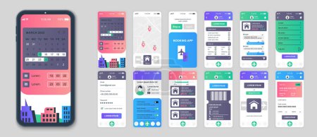 Illustration for Booking mobile app screens set for web templates. Pack of searching hotel room, online ordering flight tickets, payment in account. UI, UX, GUI user interface kit for cellphone layouts. Vector design - Royalty Free Image