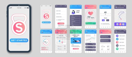 Illustration for Fitness mobile app screens set for web templates. Pack of user profile, wight or pulse information, online maps, calendar, exercise. UI, UX, GUI user interface kit for cellphone layouts. Vector design - Royalty Free Image