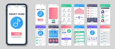 Illustration for Music mobile app screens set for web templates. Pack of songs playlist, online media player, album streaming, equalizer settings. UI, UX, GUI user interface kit for cellphone layouts. Vector design - Royalty Free Image
