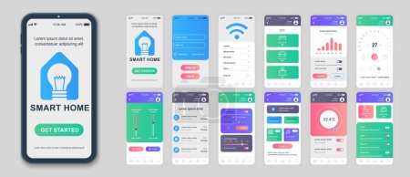 Illustration for Smart home mobile app screens set for web templates. Pack of profile login, automation control, online monitoring thermostats. UI, UX, GUI user interface kit for cellphone layouts. Vector design - Royalty Free Image