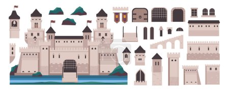 Illustration for Medieval castle elements constructor mega set in flat graphic design. Creator kit with ancient kingdom palace exterior, gates, towers, doors, windows, flags and archways, other. Vector illustration. - Royalty Free Image