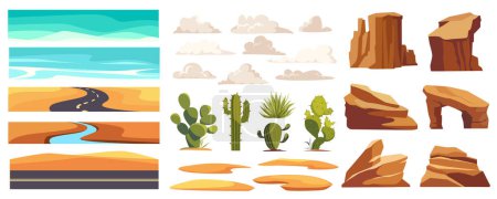 Illustration for Desert landscape elements constructor mega set in flat graphic design. Creator kit with sandy spaces and sky, roads, dunes, clouds, green actus, rock mountains, dry climate. Vector illustration. - Royalty Free Image