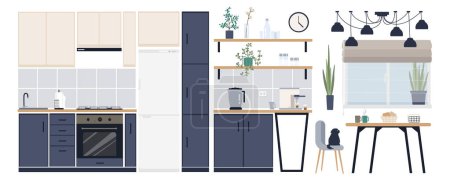 Illustration for Kitchen interior elements constructor mega set in flat graphic design. Creator kit with cooking furnishing, tables, chairs, shelves, oven, stove, refrigerator, domestic appliance. Vector illustration. - Royalty Free Image