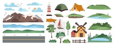 Illustration for Landscape elements constructor mega set in flat graphic design. Creator kit with mountain range, sea water, hills, road, lighthouse, tents, sailboats, forest trees, lake, other. Vector illustration. - Royalty Free Image