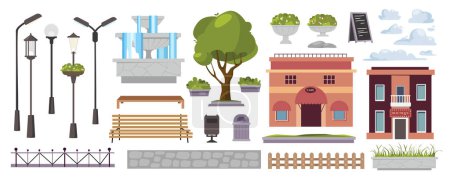 Illustration for Park equipment elements constructor mega set in flat graphic design. Creator kit with street lanterns, fountain, green trees, benches, fences, buildings, urban infrastructure. Vector illustration. - Royalty Free Image