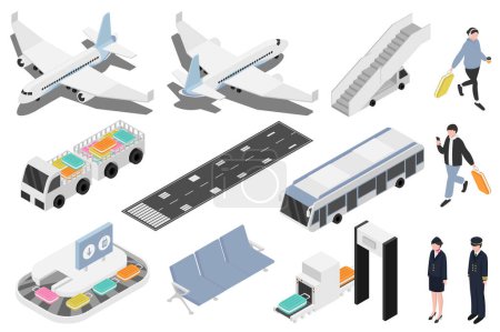 Illustration for Airport isometric elements constructor mega set. Creator kit with flat graphic airplanes, security control, baggage line, seats in waiting room, passengers. Vector illustration in 3d isometry design - Royalty Free Image