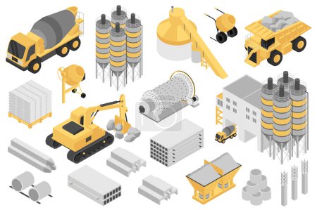 Cement manufacturing isometric elements constructor mega set. Creator kit with flat graphic concrete mixers, machinery, slabs, blocks pile, factory buildings. Vector illustration in 3d isometry design