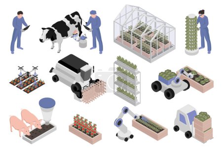 Illustration for Greenhouse farming isometric elements constructor mega set. Creator kit with flat graphic farmers, livestock, smart planting automation machinery, harvesting. Vector illustration in 3d isometry design - Royalty Free Image