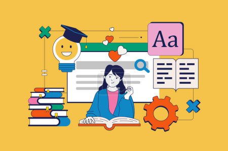 Illustration for Book reading concept in flat neo brutalism design for web. Woman reads novels, learning textbook or e-book, pastime with literature. Vector illustration for social media banner, marketing material. - Royalty Free Image
