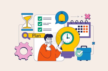 Illustration for Time management concept in flat neo brutalism design for web. Manager makes plan and schedule, managing efficiency work time at office. Vector illustration for social media banner, marketing material. - Royalty Free Image