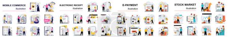 Illustration for Mega set flat design concept payment, stock market, mobile commerce, electronic receipt with people character situations. Bundle of different scenes. Collection vector illustrations. - Royalty Free Image