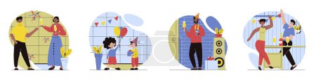 Illustration for Happy birthday concept with people scenes set in flat web design. Bundle of character situations with party celebration at children holiday or festive events with decorations. Vector illustrations. - Royalty Free Image