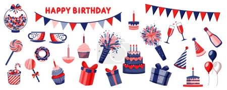 Illustration for Happy birthday mega set in flat graphic design. Bundle elements of garlands, cakes with candles, celebration cupcake, champagne, festive hats, candy, gifts, other. Vector illustration isolated objects - Royalty Free Image