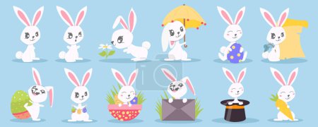 Illustration for Easter bunny mega set in flat graphic design. Bundle elements of cute white rabbits with umbrella, flower, letters, carrot, traditional decoration eggs and basket. Vector illustration isolated objects - Royalty Free Image