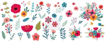 Illustration for Flowers mega set in flat graphic design. Bundle elements of abstract different blooming wildflowers and spring blossoms, bouquet arrangements, herbs and plants. Vector illustration isolated objects - Royalty Free Image